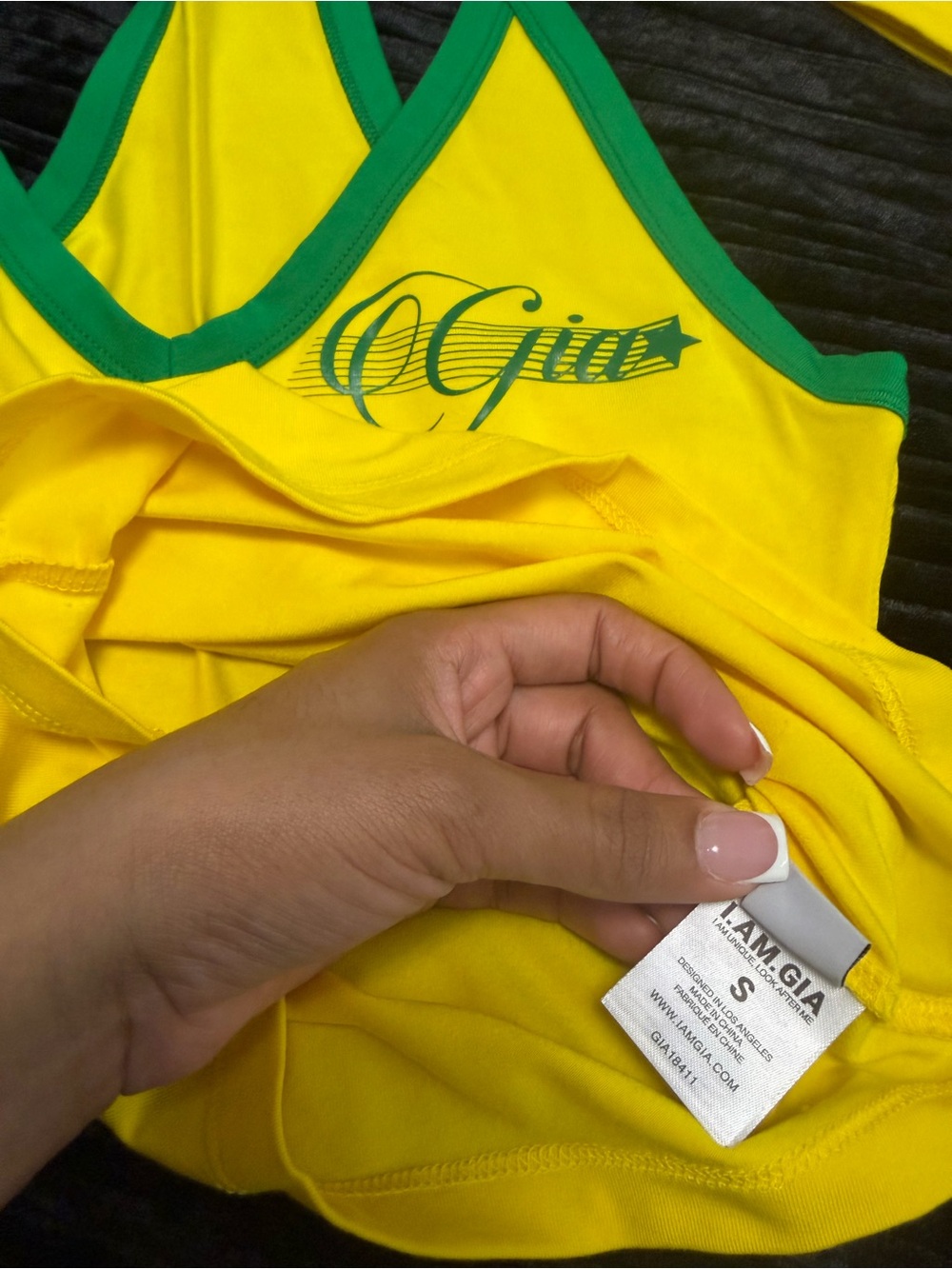 I.AM.GIA Yellow Halter Tank with Green Trim and Green Drawstring Shorts - Picture 4 of 5